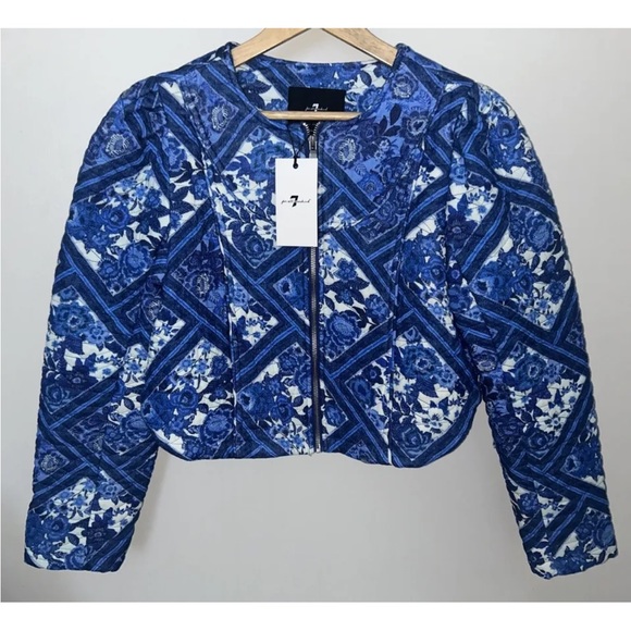 NEW! 7 FOR ALL MANKIND Crop Zip Paisley Floral Print Blue Size S - Picture 1 of 3